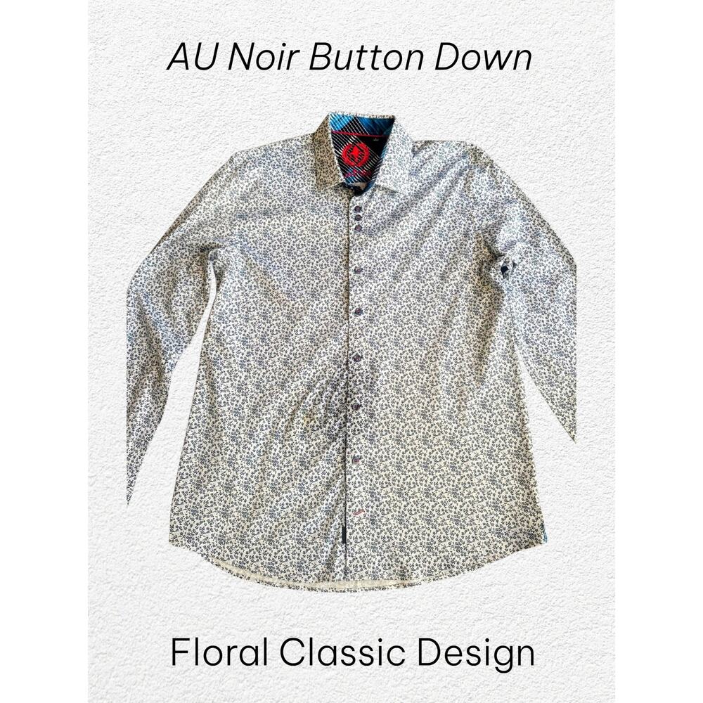 Au Noir Mens Button Up Shirt Floral Contrast Trim Long Sleeve L